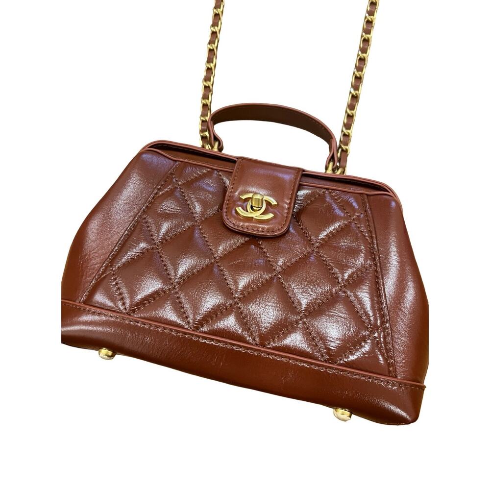 Chanel Brown Quilted Leather Mini Top Handle Bag Gold CC Chain Crossbody Italy - Picture 2 of 9